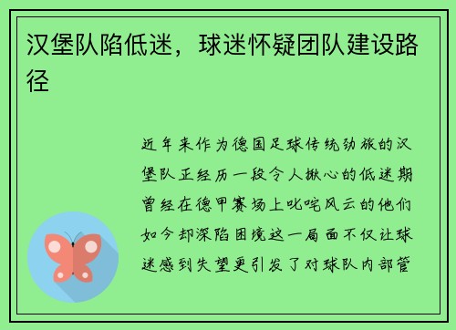 汉堡队陷低迷，球迷怀疑团队建设路径