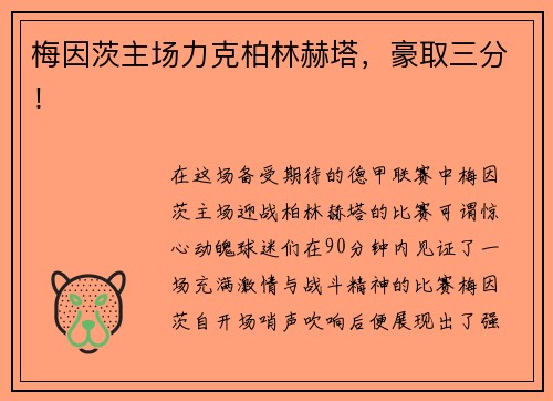 梅因茨主场力克柏林赫塔，豪取三分！