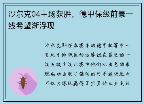 沙尔克04主场获胜，德甲保级前景一线希望渐浮现