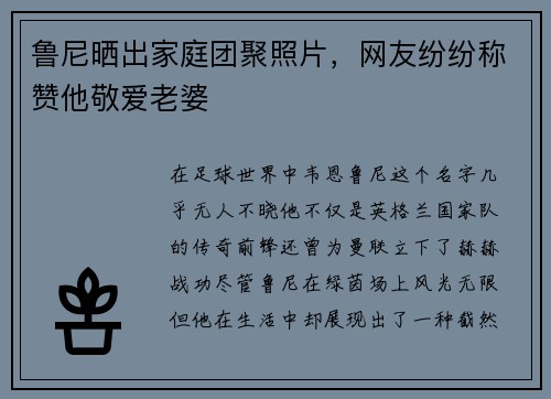 鲁尼晒出家庭团聚照片，网友纷纷称赞他敬爱老婆